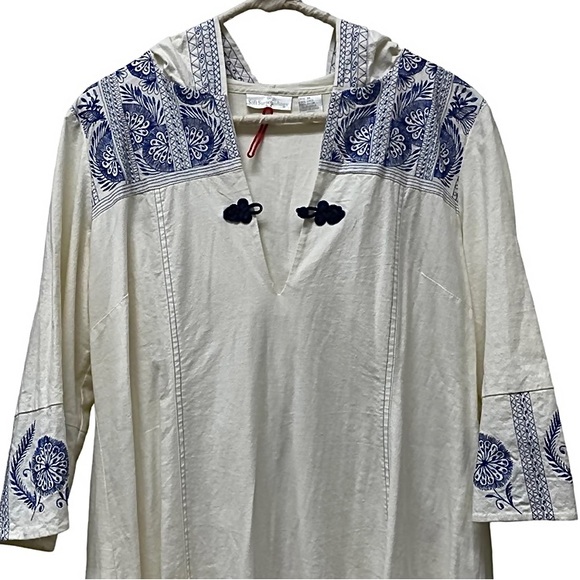 🌀Soft Surroundings Boho Embroidered Hooded Linen 3/4 Sleeves Caftan Maxi Sz M - Picture 4 of 9
